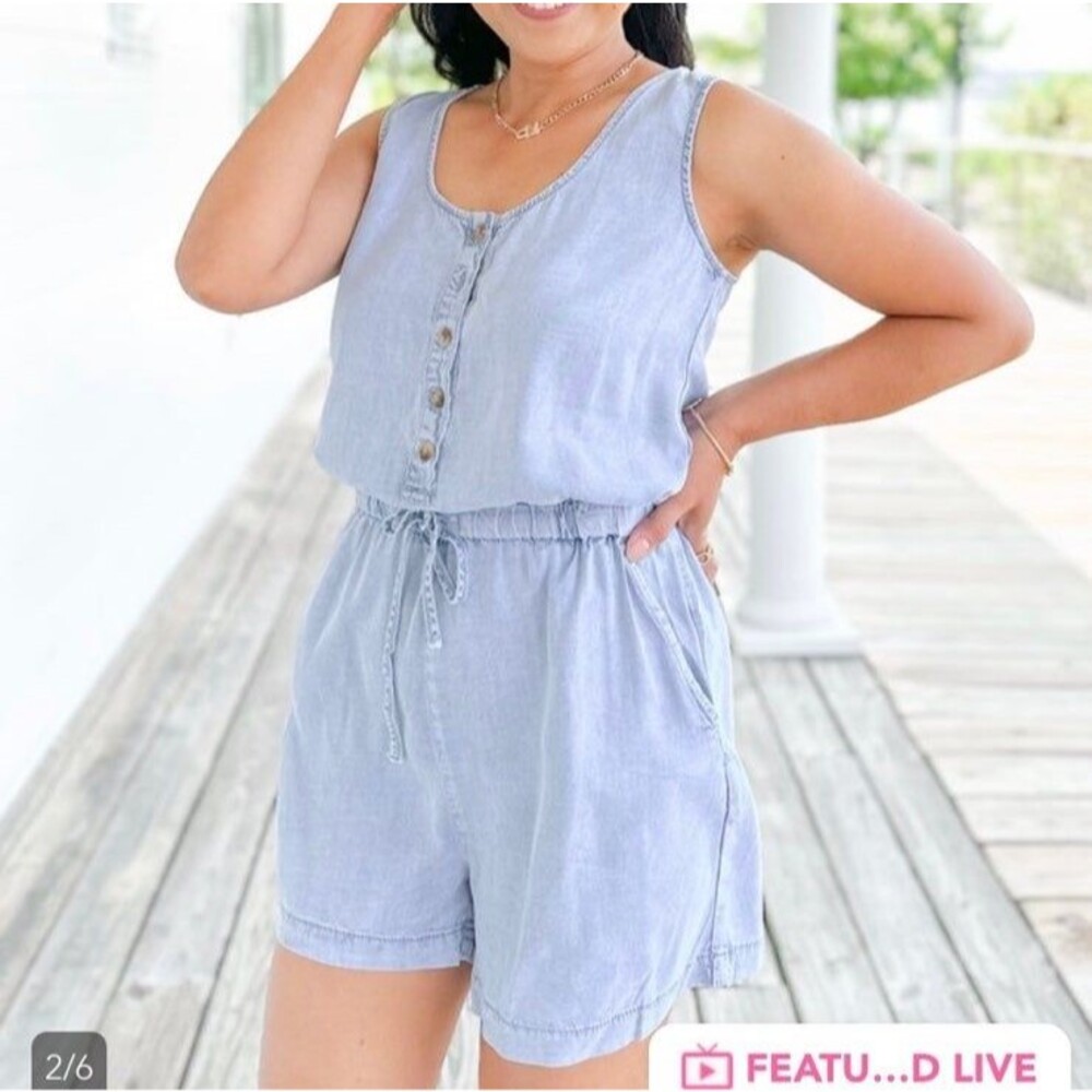 Denim Romper WISHLIST sleeveless ROMPER button down chambray blue elastic waist